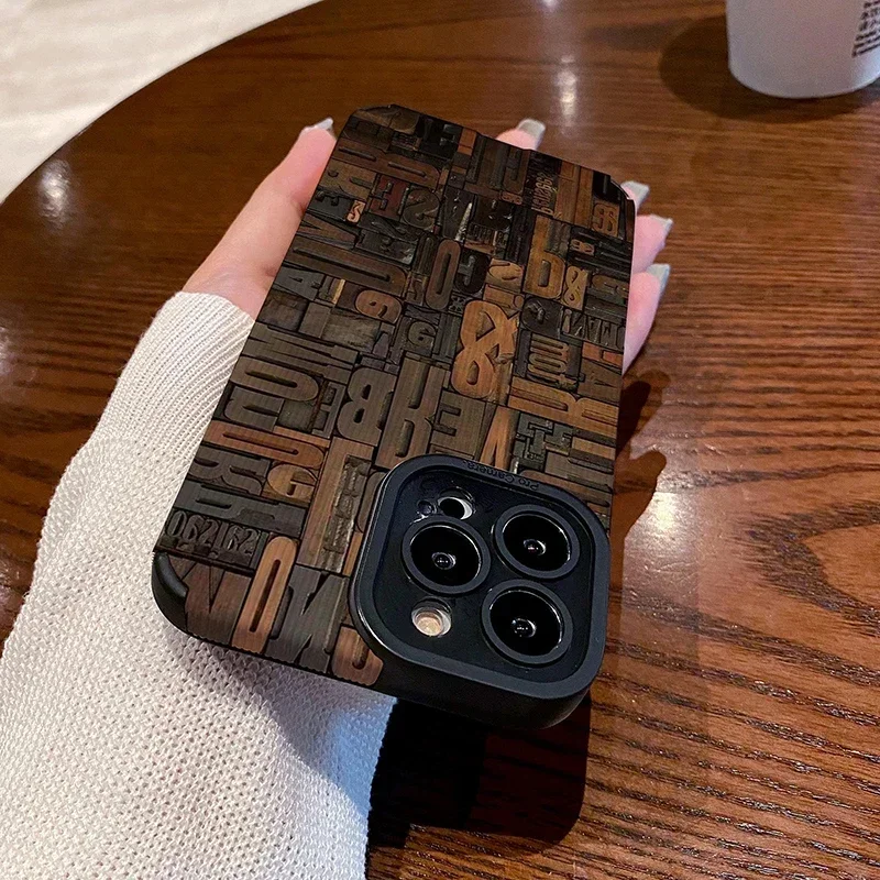 Retro Wooden Blocks Leather Phone Case For Funda iphone 15 14 12mini 11 13 Pro 15Pro 14Pro Max Cover For iphone 16 17 Air Coque
