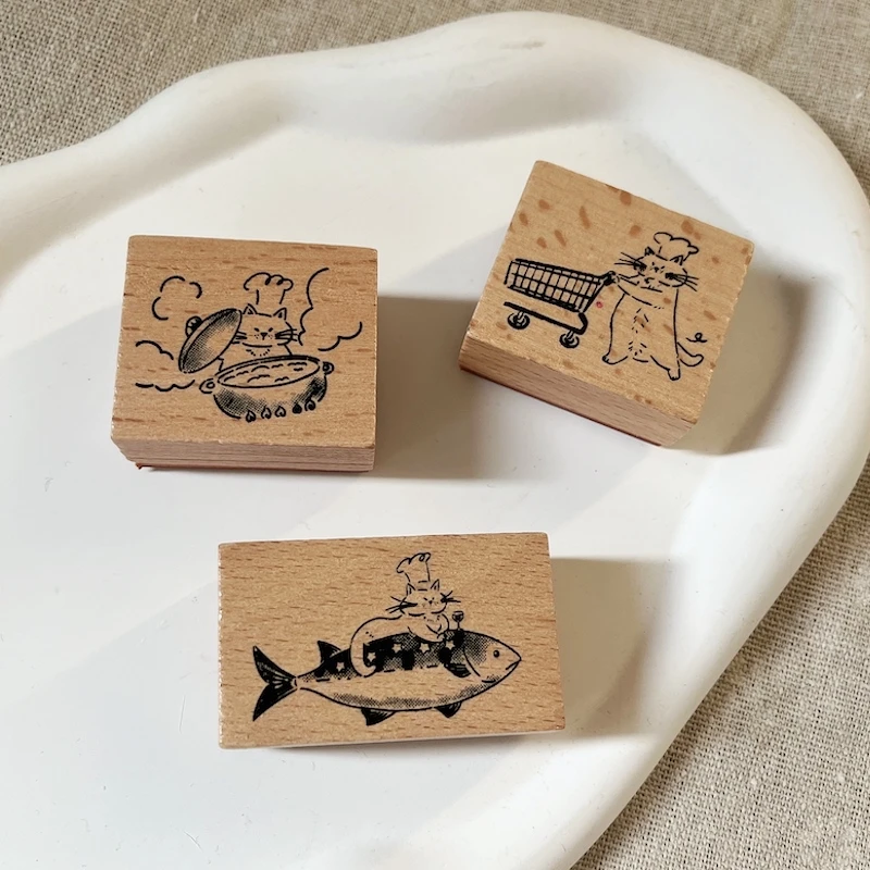 Cute Cooking Shopping Cat Wood Stamp for DIY Craft Supplies Funny Scrapbooking Material Seal for Card Making Diary Decoration
