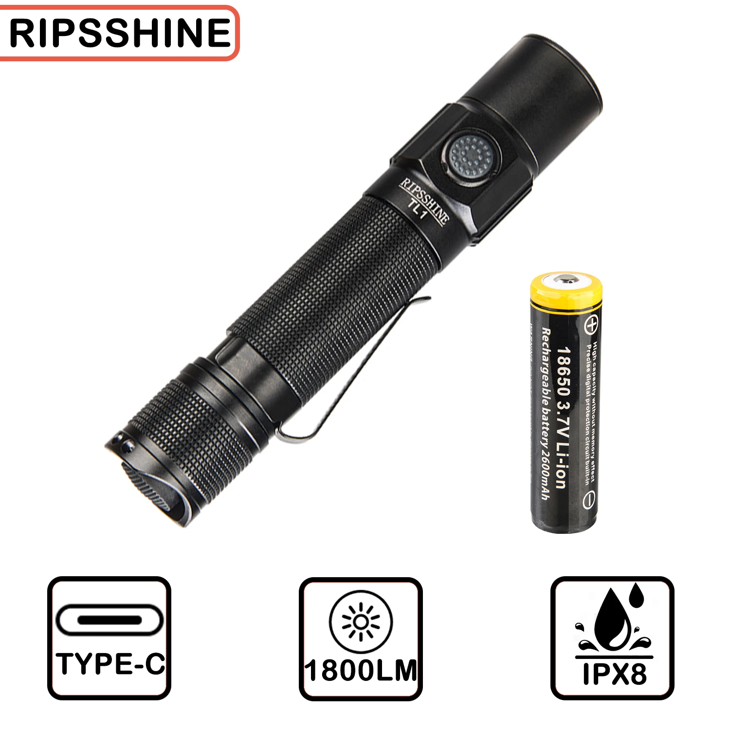 TL1 Tactical 18650 Flashlight 1800LM Powerful LED Light Type-C Rechargeable Torch with Dual Switch Power Indicator Portable Lamp