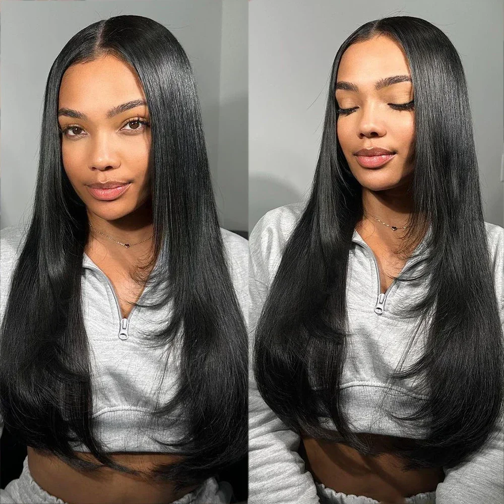 Black Straight Layered Front Wigs Straight Lace Glueless Wig HD Transparent Heat Resistant Layered Lace Front Wig Synthetic Hair image 4