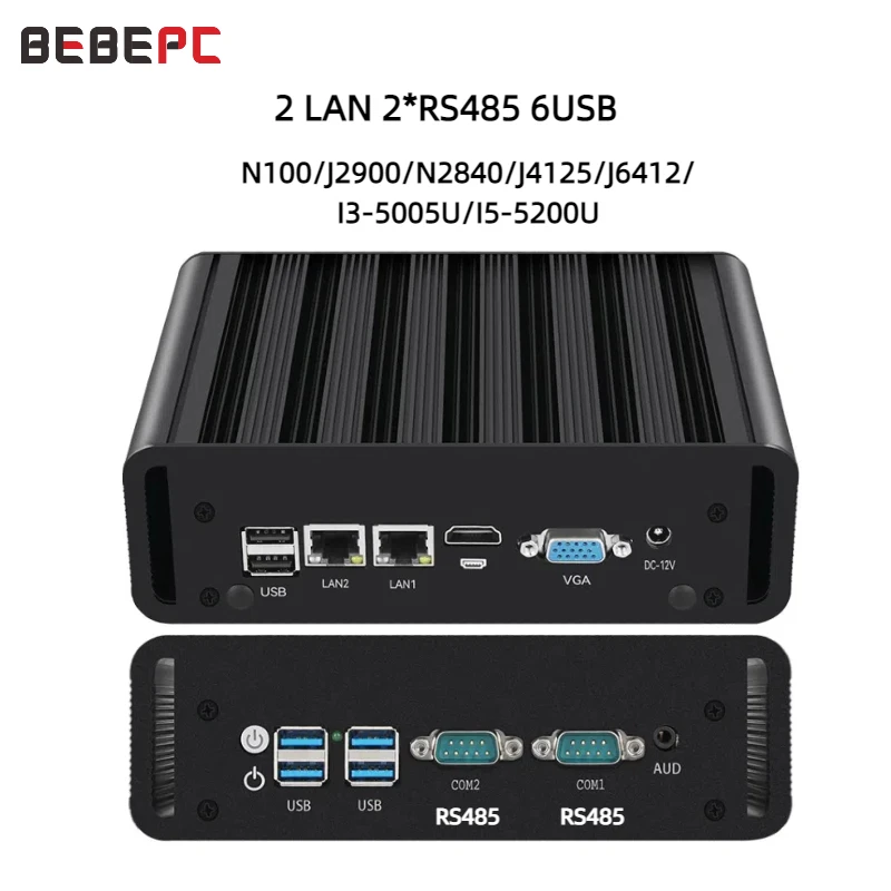 Fanless Industrial Mini PC Intel N100 J6412 Dual LAN 2xCOM RS485 6USB 4G SIM GPIO WiFi Support Computer