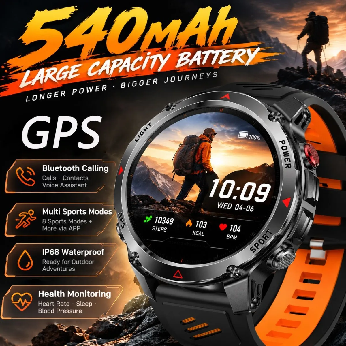 GPS Smart Watches Men:Bluetooth Calling BLE5.3 540mAh Battery Altitude Pressure Health Management Exercise Mode Smartwatches