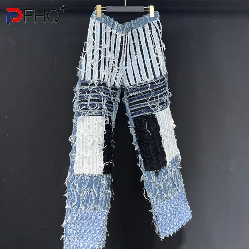 PFHQ Autumn Men's Denim Straight Leg Pants Patchwork Worn Out Streetwear Wearproof Motorcycle Vintagr Creativity Jeans 21Z1131