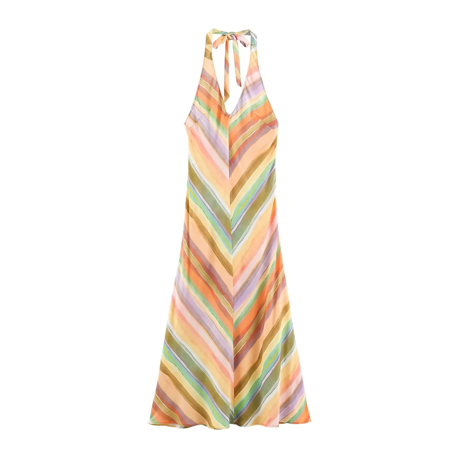 BSAY Damen-Maxikleid mit Neckholder, V-Ausschnitt, bunter Chevron-Streifendruck, ärmellos, langes Kleid mit Rückenbindung, Sommer-Strandurlaub-Sonnenkleid – Detail 2