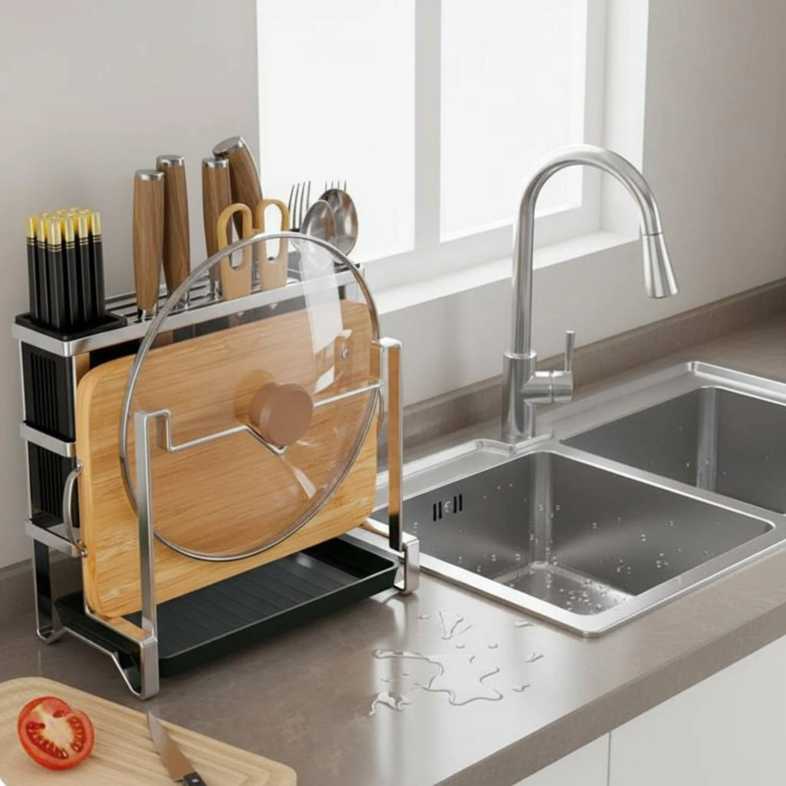 

Blade and Board Organizer Multifunctional Stainless Steel Blade Rack Cutting Board Holder Rust Resistant Pot Lid Holder