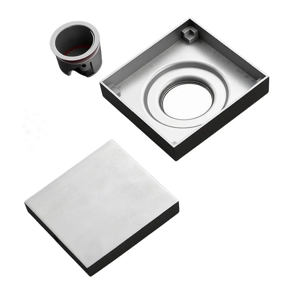 15x15cm Invisible Square Drain Brushed 304 Stainless Steel for Tile Floor Shower Installation Modern Bathroom Drain 110mm Outlet