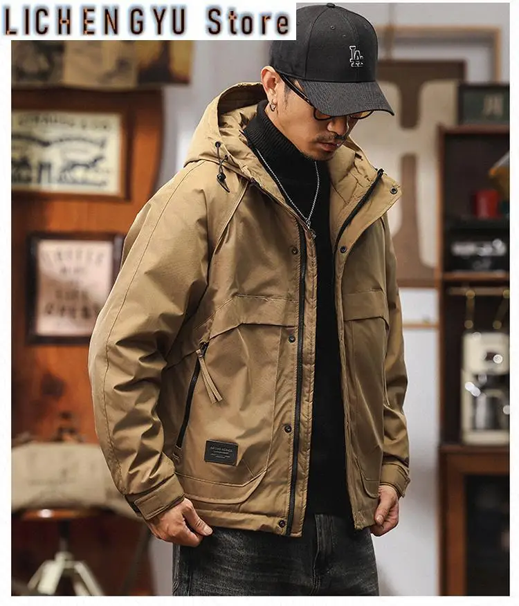 

Fall Winter Men's Thickened Padded Jacket Workwear Outdoor Hooded Coats Loose-Fit Casual Windbreaker Jacket With Cotton Lining