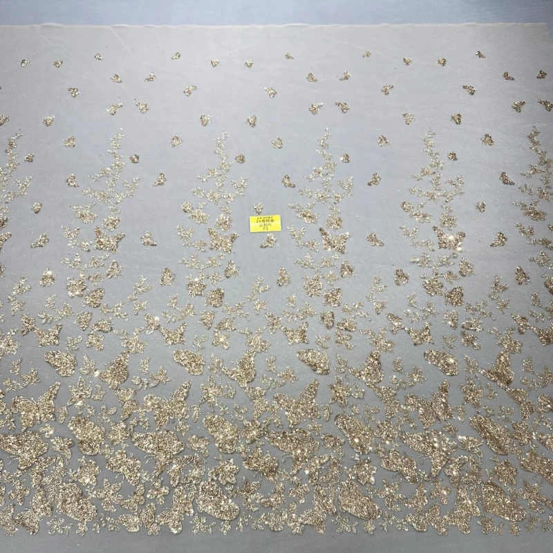 

10 ярдов ткани для свадебного платья цвета шампань с узором и золотым сетчатым кружевом, 150 см, тюль с золотым напылением для свадебных торжеств