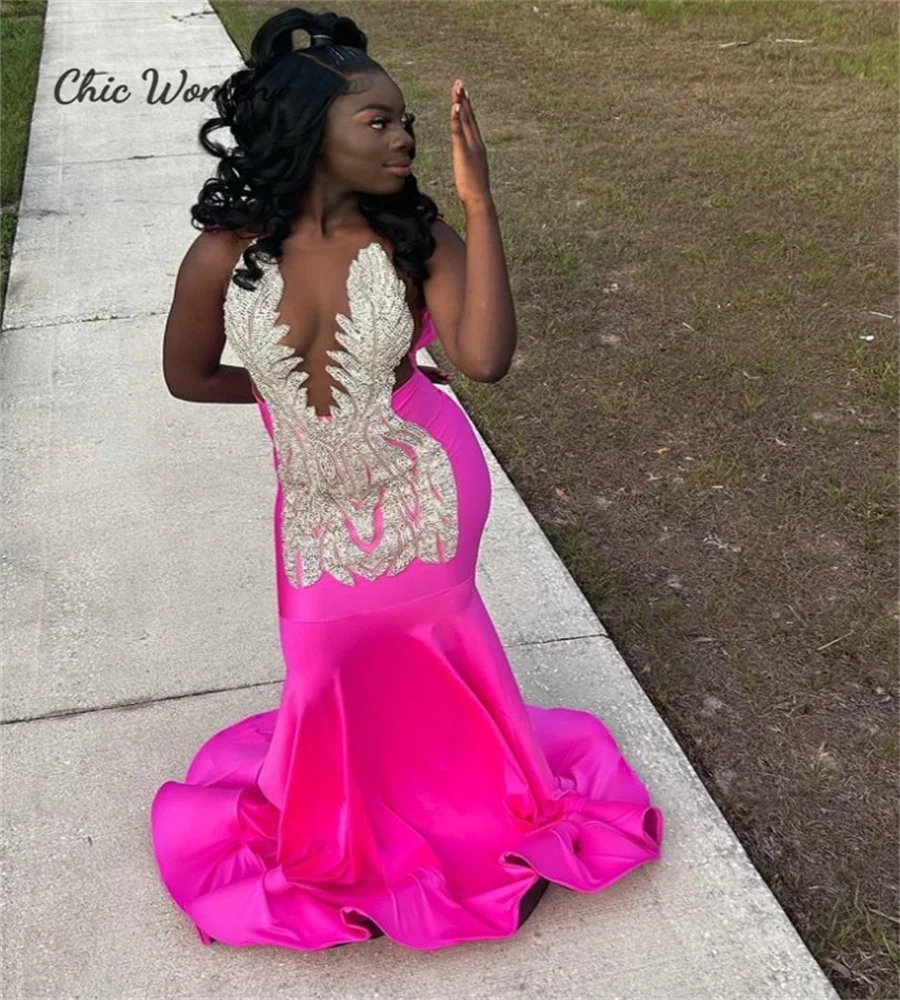 Nigerian Hot Pink Prom Dress Sexy Tight Mermaid Evening Gowns Floor Length O Neck Formal 20th Birthday Dance Dress Customized