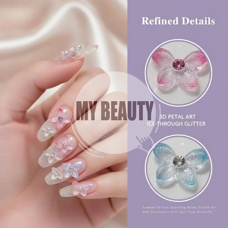 30Pcs Butterfly Flower Nail Art Decor 3D Glitter Resin Rhinestone Charms for Beginner Home Manicure DIY