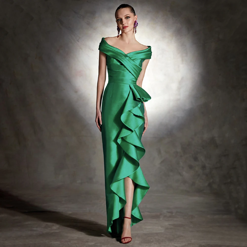 Emerald Green Evening Dresses for Wedding Off the Shoulder Mermaid  Gowns Long Ruffle V Neck Trumpet Formal Party Dress