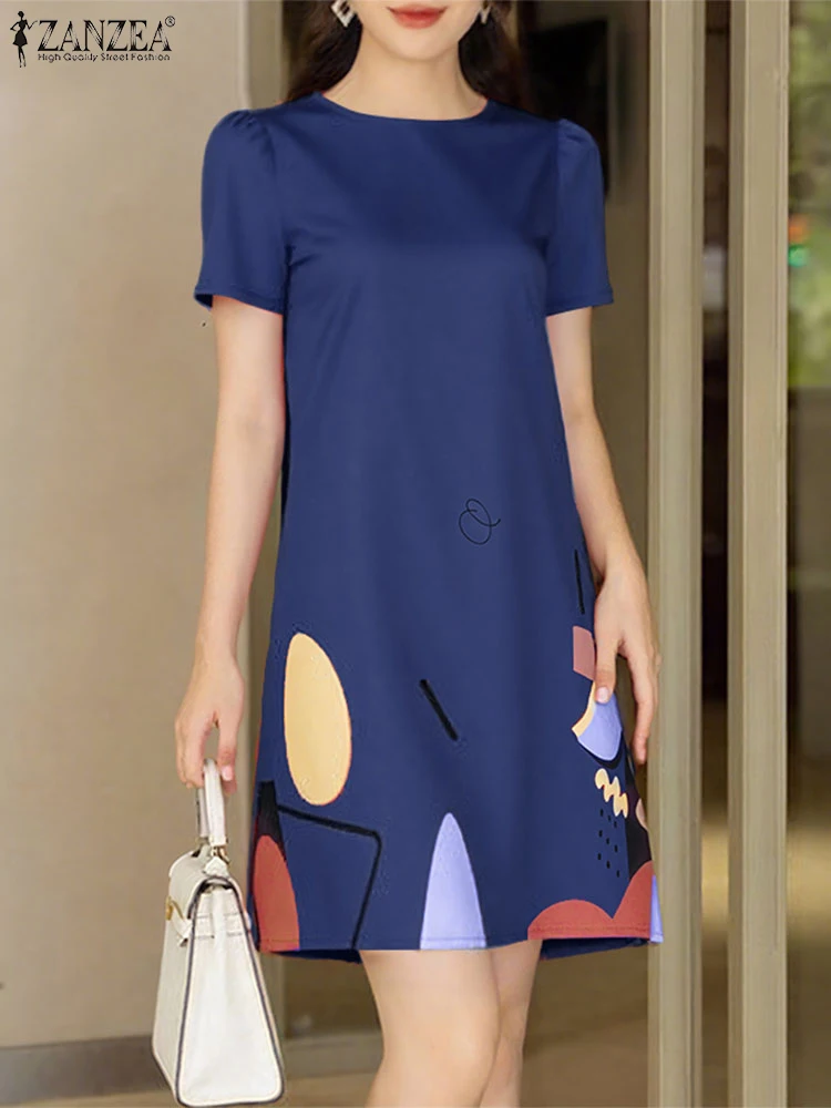 ZANZEA แฟชั่นการพิมพ์ผู้หญิง A-Line Robes Femme เดินทางสํานักงาน O-คอชุดมินิฤดูร้อนที่หรูหราแขนสั้นพัฟชุดซาติน