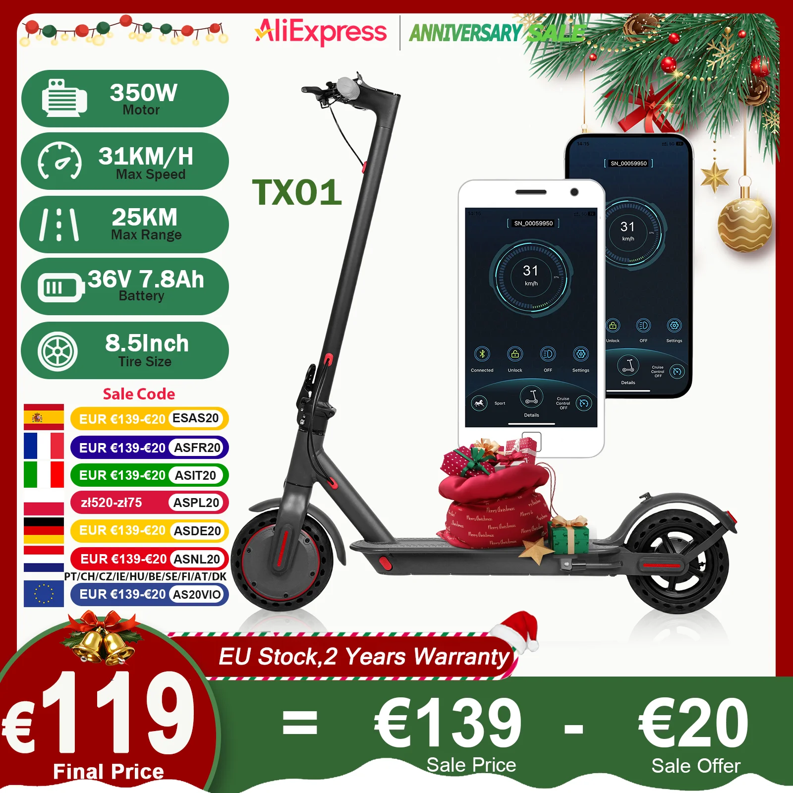 2025 JUICEASE TX01 Scooter électrique 350W moteur 36V 7.8Ah 25 KM portée 31KM/ 8.5 pouces pneus avec APP pliable adulte coup de pied EScooter