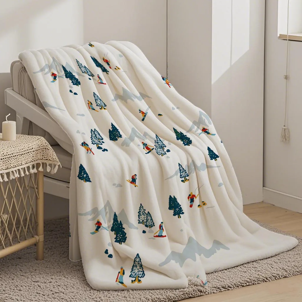 One Winter Sports Skiing Mountain Printed Flannel Blanket Comfortable And Soft, Suitable for Bedroom, Dormitory, Travel, Home -