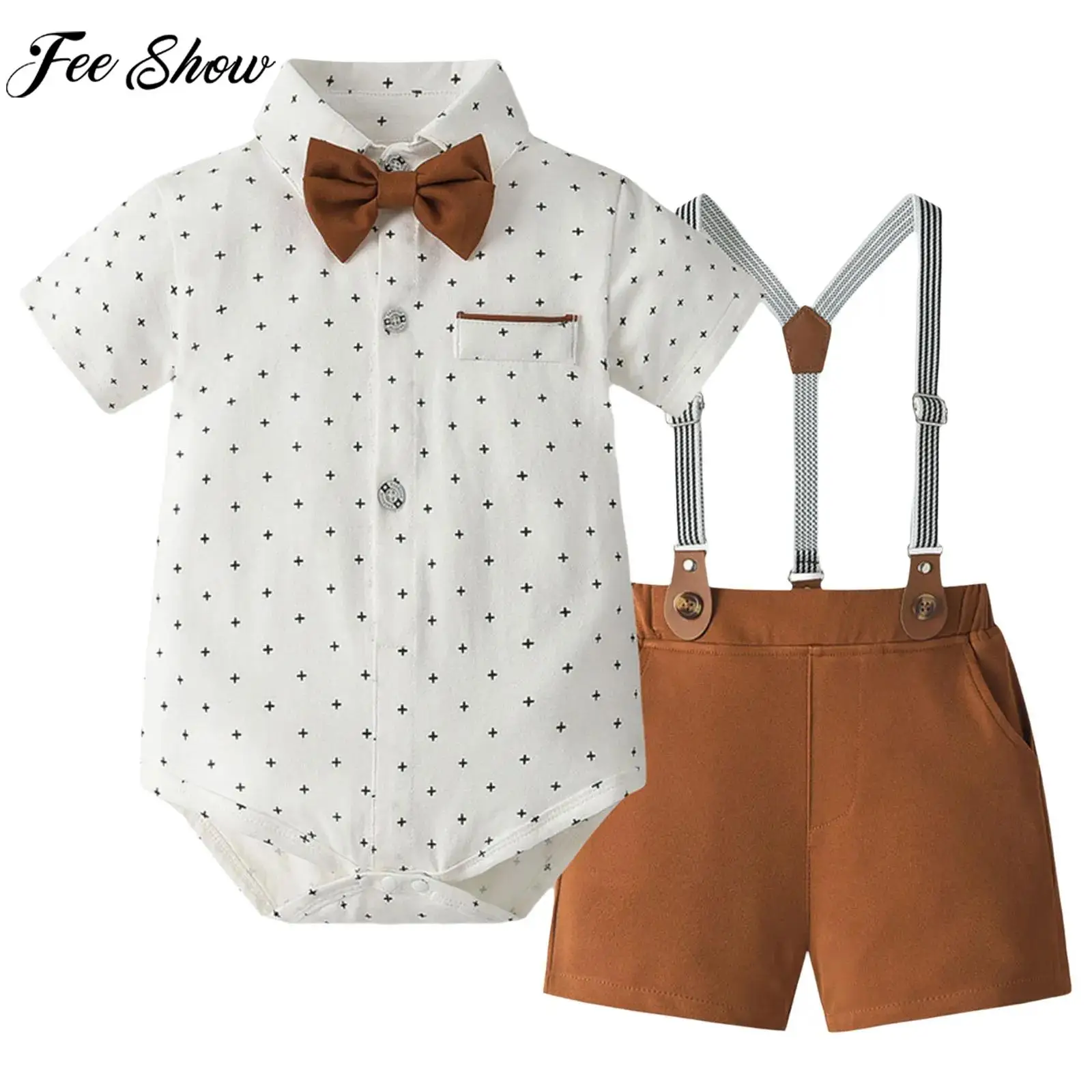 

Baby Boys Baptism Birthday Wedding Party Gentleman Suit Short Sleeve Romper with Bow Tie Suspender Shorts Summer Casual Outfit