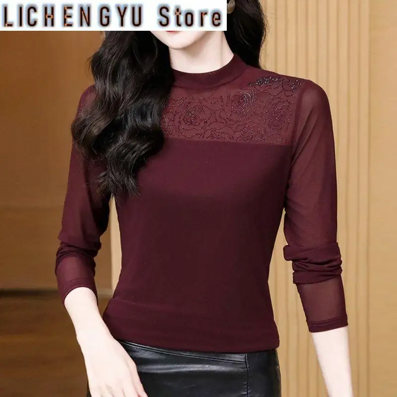 Ironing Diamond Mesh Base Shirt for Women with Fashionable Fashionable Shirt for Women with Long Sleeves T-shirt Lace Top