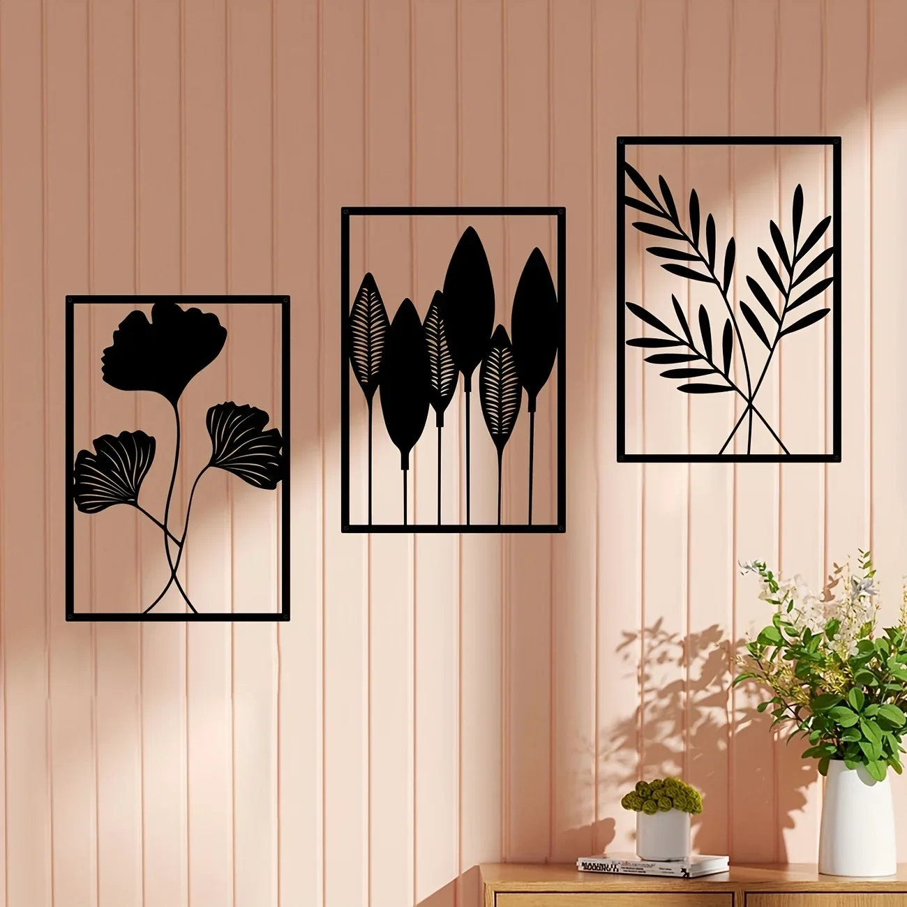 CIFBUY 3Pcs Black Leaf Metal Wall Decor Set Nordic Luxury Iron Art Plant Hanging Ornament Living Room Bedroom Home Decor
