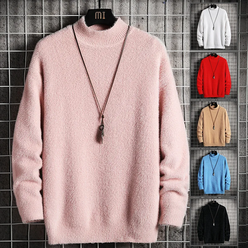 Autumn Winter High Neck Warm Sweater  Quality Men's Trend Mink Fleece  Underlay Shirt Loose Fashion Knitted Pullover A81