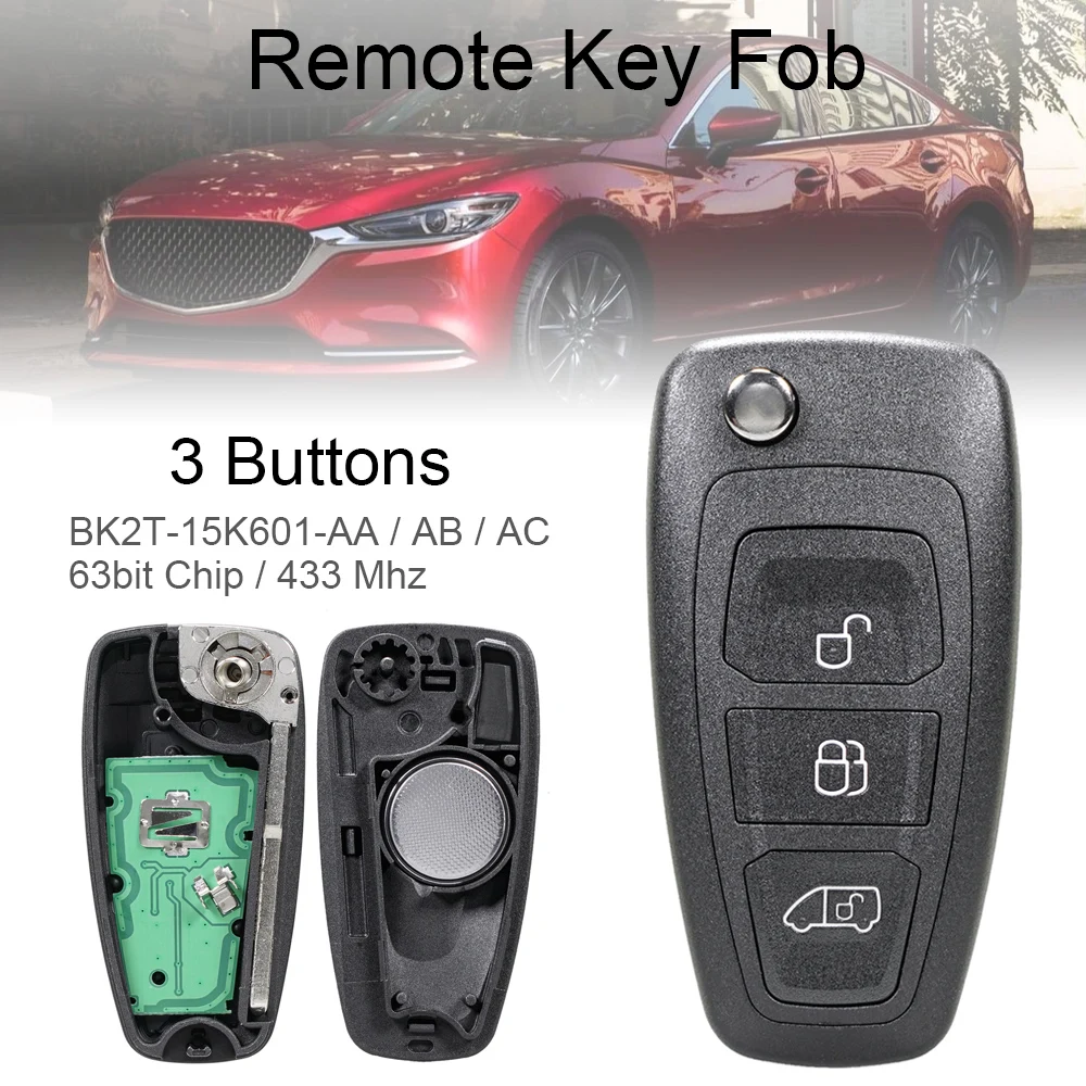 433MHz FSK Folding Keyless Remote Car Key Fob with 63 Chip BK2T-15K601-AA/AB/AC for 2014-2016 Transit 2012-2016 Transit Custom