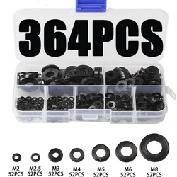364Pcs Metric M2 M2.5 M3 M4 M5 M6 M8 Black Nylon Rubber Flat Ring Plain Repair Washer Furniture Gasket Assortment Kit