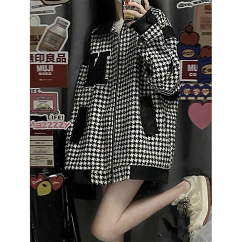 

2022 Autumn Winter New Fashion Style Jacket Jacket For Women Loose Medium Long Thousand Bird Check Baseball Coat For Women X0150