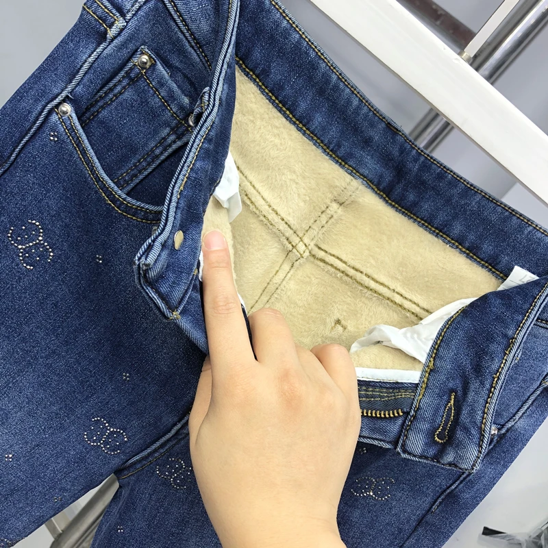 Pantalones vaqueros azules de terciopelo grueso para mujer, Jeans ajustados de cintura alta, cálidos, a la moda, invierno, 2022
