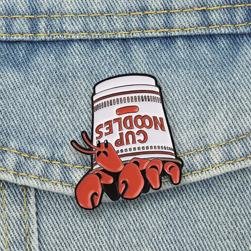 Lobster Cup Noodles Enamel Pins Food Meme Brooch Cute Seafood Instant Noodle Badge Retro Cartoon Snack Jewelry Gift for Friends