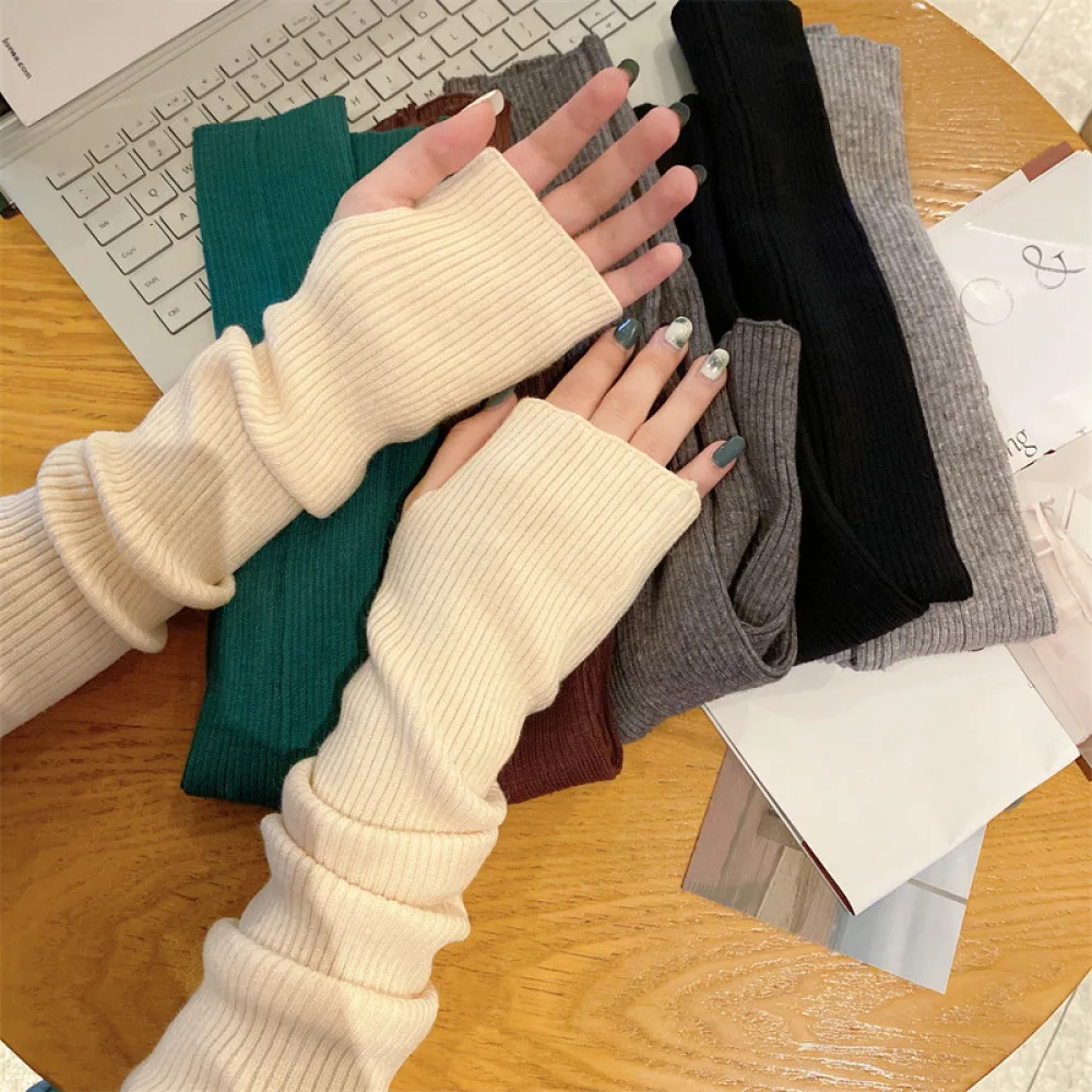 Women Winter Fashion Knitted Fingerless Gloves Soft Cotton Half Finger Mittens Thermal Arm Sleeves Touchscreen Casual Chic
