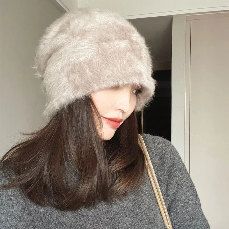2023 Angora Flauschige Strickmütze Kaninchenfell Wintermütze für Damen Damen Mode Warmer Plüschschädel Damen Dicke Fleecemützen – Detail 8