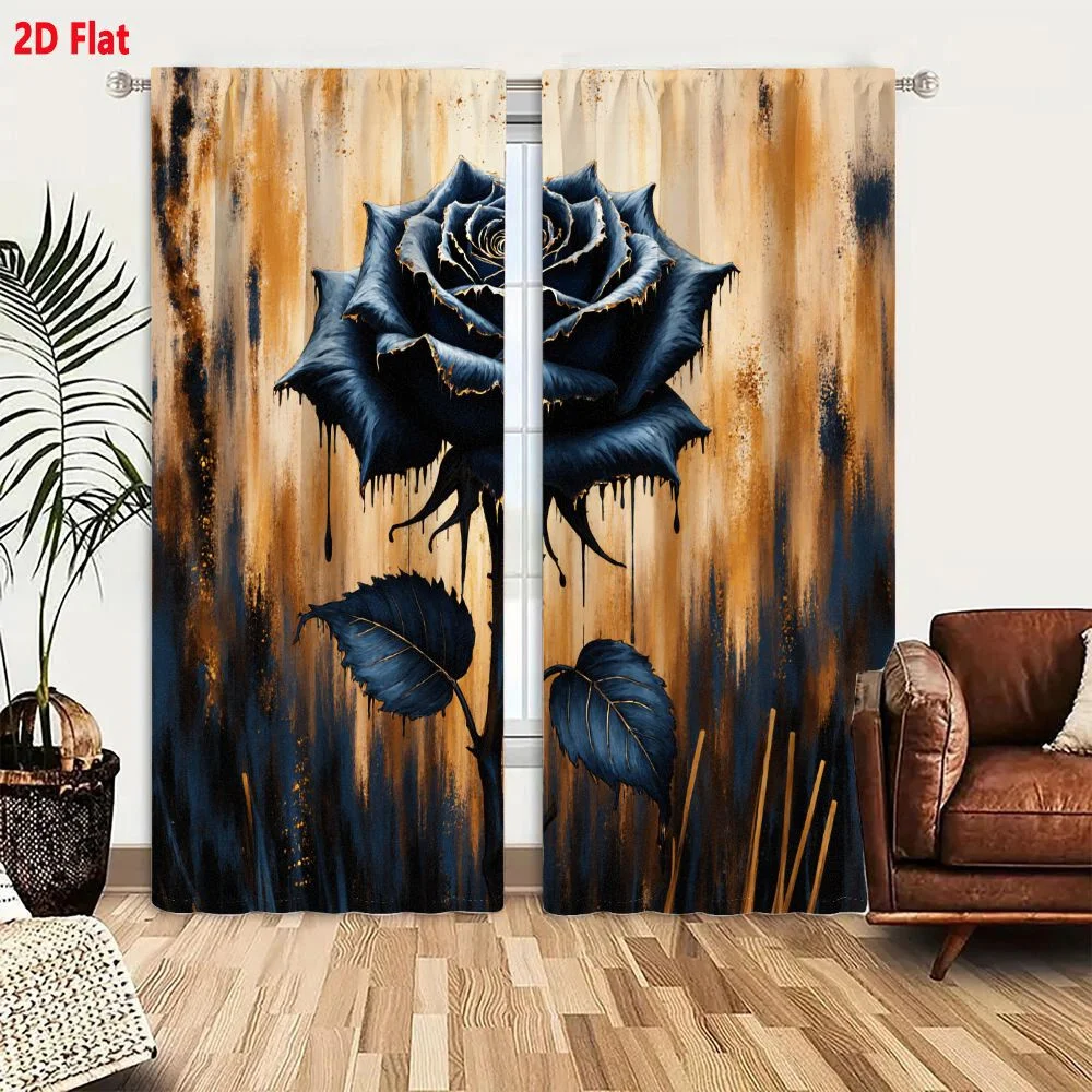 2Pcs Curtains 2D Flat Stylized Painting Dark Blue Rose With Textured Dripping Petals Dark Stem Blue Leaves Veins Abstract Vertic