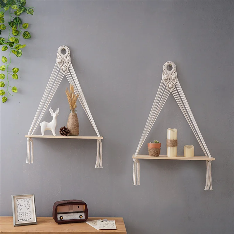 A26F-2PCS Hanging Shelf Boho Handmade Bohemian Wooden Plants Floating Rope Shelves Decorative Holder