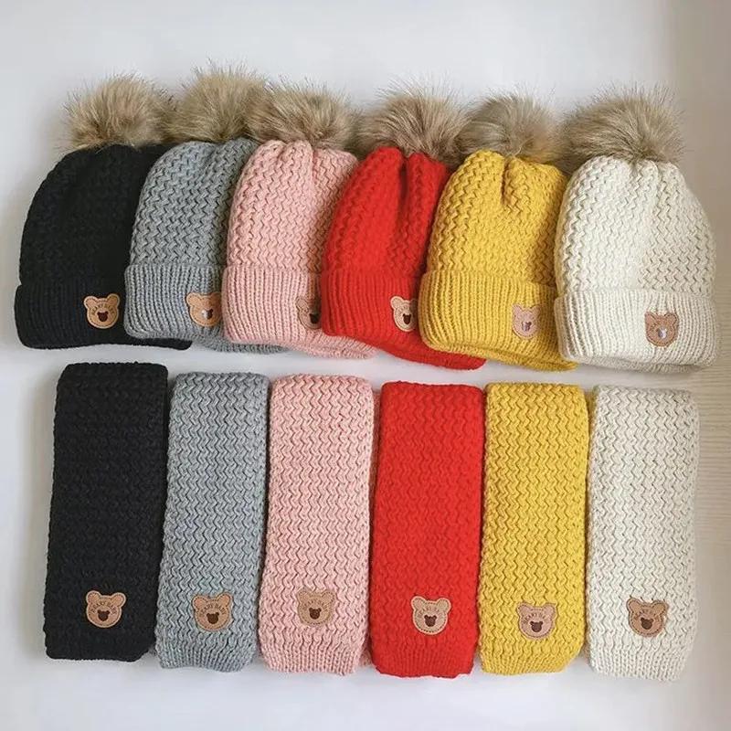 

Knitted Fleece Lining Baby Hat Pompom Ball Autumn Winter Thicken Children's Warm Hat+Scarf Set Baby Boy Girl Bonnet Neckerchief