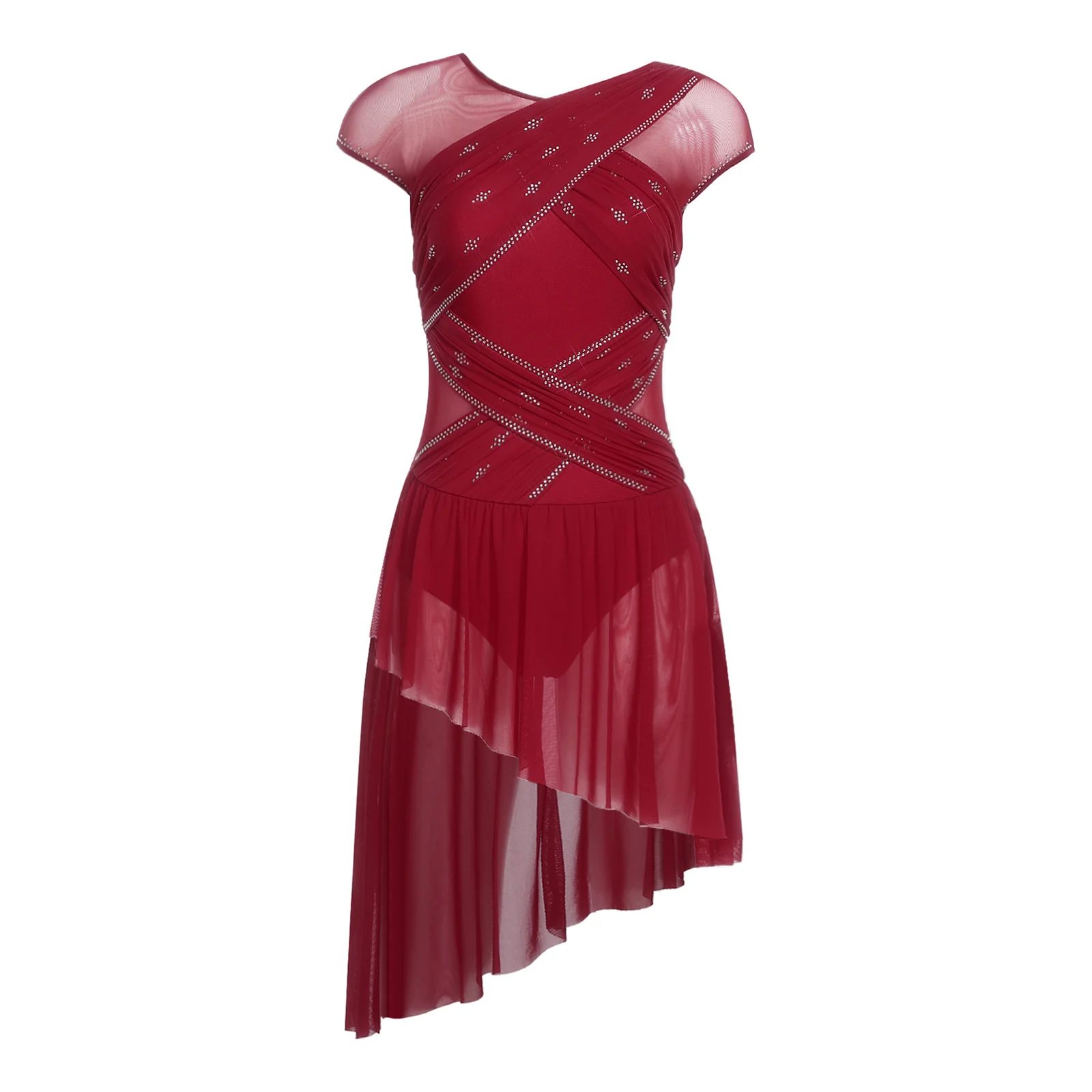 فستان نسائي للتزلج على الجليد فستان شبكي مكشكش مع حجر الراين بحاشية غير منتظمة فستان للرقص اللاتيني الغنائي