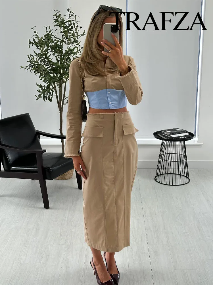 TRAFZA Women 2 Piece Set Lapel Long Sleeve Single-Breasted Splicing Decorate Short Shirt+Casual High Waist Hem Slit Long Skirts