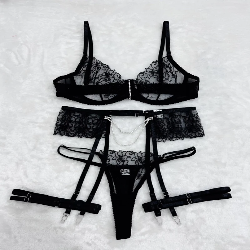 Bikini with metal chains, floral embroidery, mesh, transparent, sexy three-piece swimsuit for women
