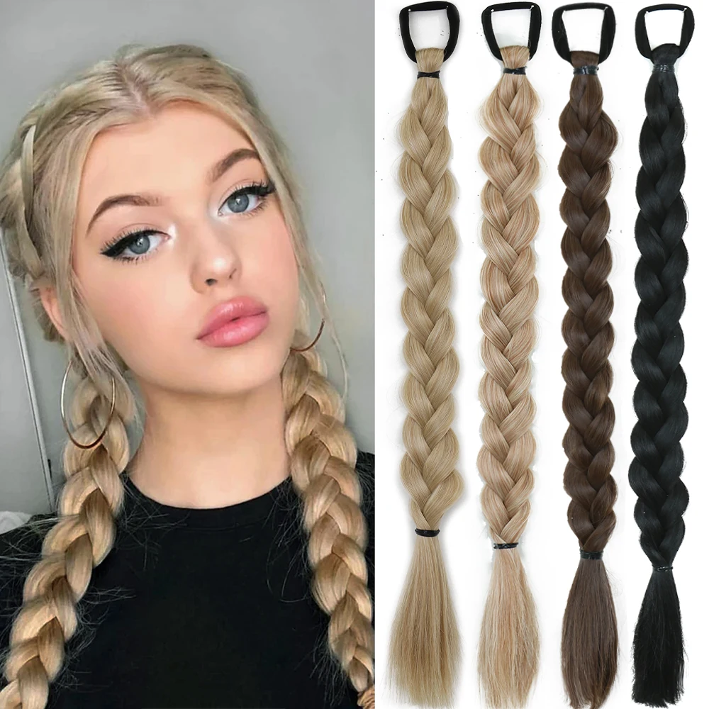 Synthetic Long Twist Braid Ponytail Extensions With Rubber Band 24 Inch Boxing Braided Hair Extensions For Women Daily Use