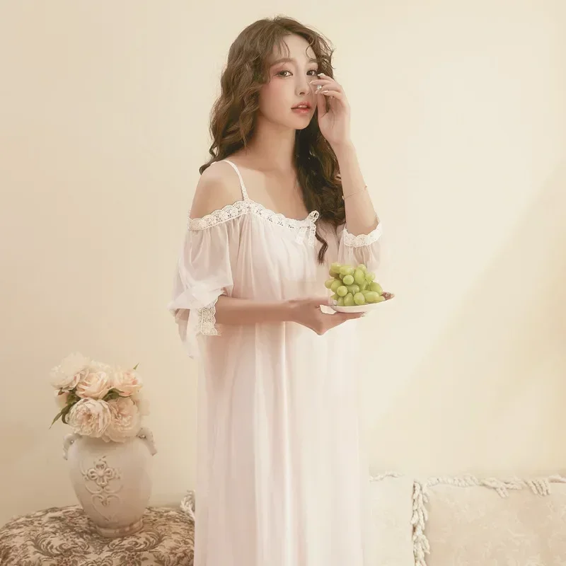 Spring Fairy Mesh Long Lace Peignoir Women Sexy Off Shoulder Sleep Night Dress Romantic Nightgown Sleepwear Victorian Nightdress