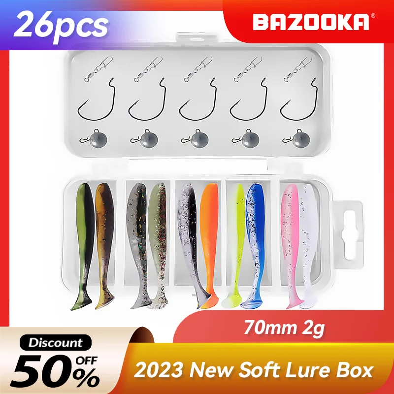 

Bazooka 26pcs Fishing Soft Lure Kit Set Silicone Bait Worm Jiging Shad Wobbler Lead Hooks Tackle Spoon Carp Bass Pike With Box