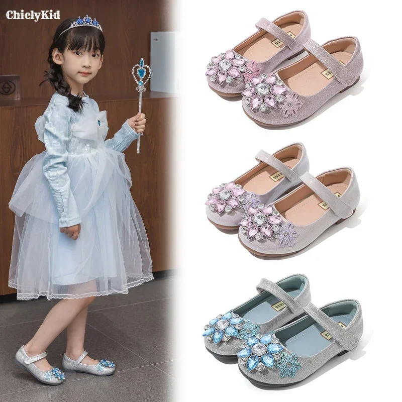 Girls Princess Flower Shoes Kids Party Wedding Dance Sandals Dress Toddler Children Fashion Soft Flat Blue Pink Glass Slipper