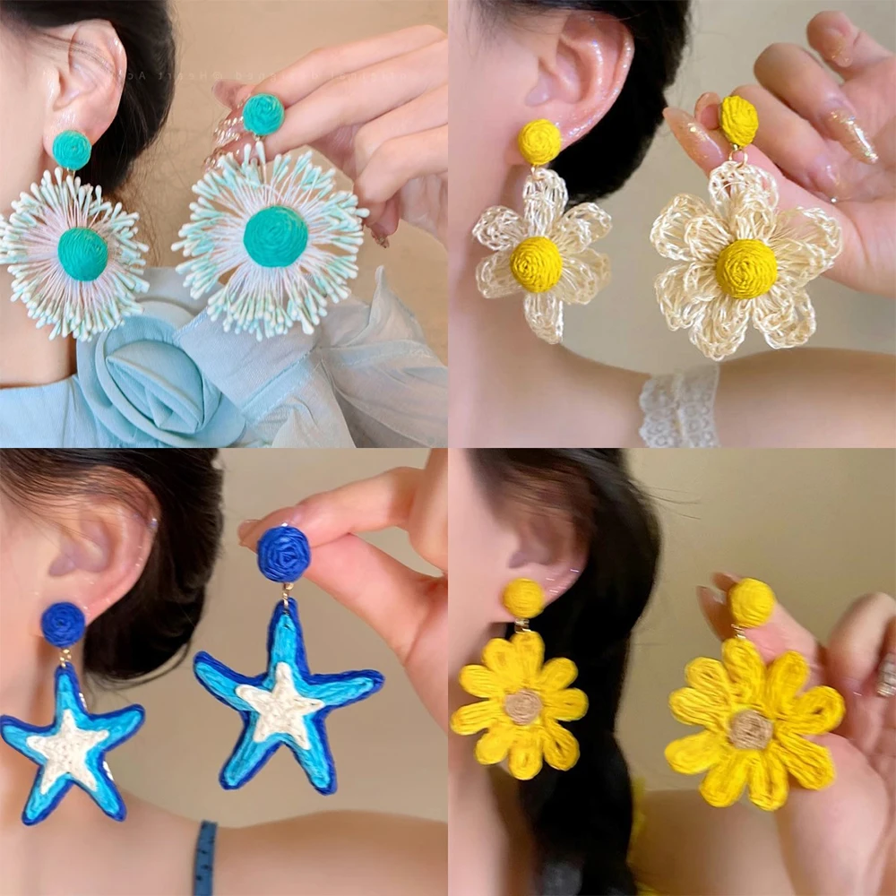 Flower Earrings Raffia Mori Girl Style Sweet Woven Straw Earrings Handmade Simple Boho Drop Earrings