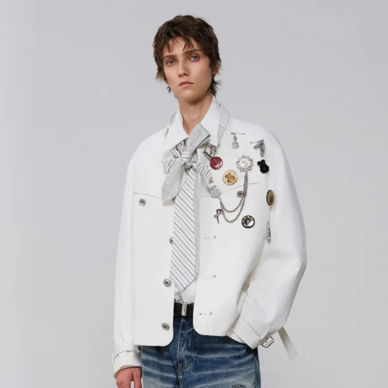 WVGA Spring Autumn New Men's Leather Collar Medal Jacket Stand Collar Long Sleeve Short Metal Decoration Trendy Coats Ins W27699