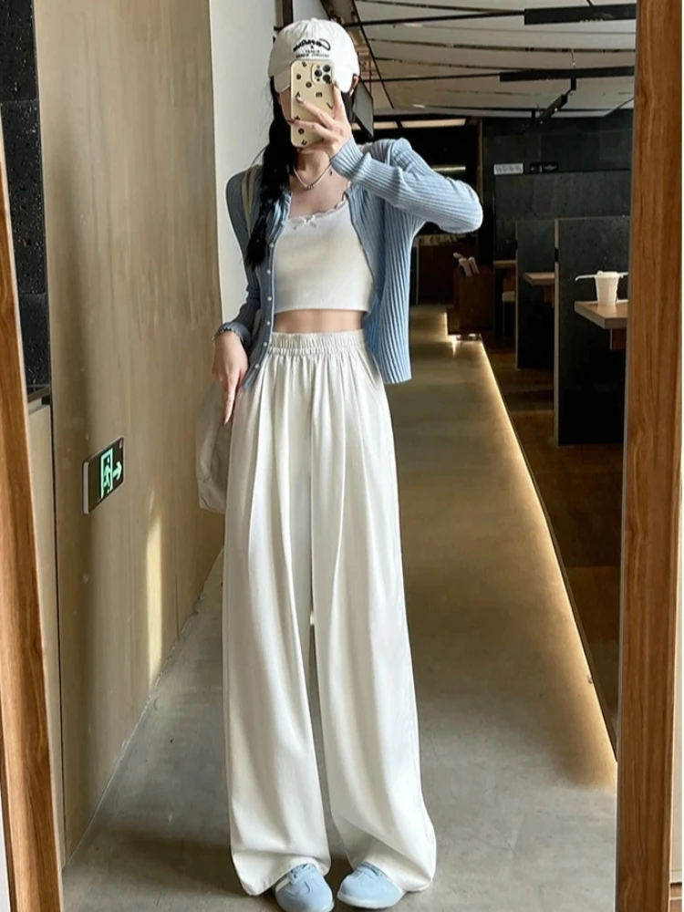 Loose Straight Skinny Wide Leg Pants High Waist Baggy Jeans Women Summer Casual Solid Elastic Waist Cotton Women's Trousers