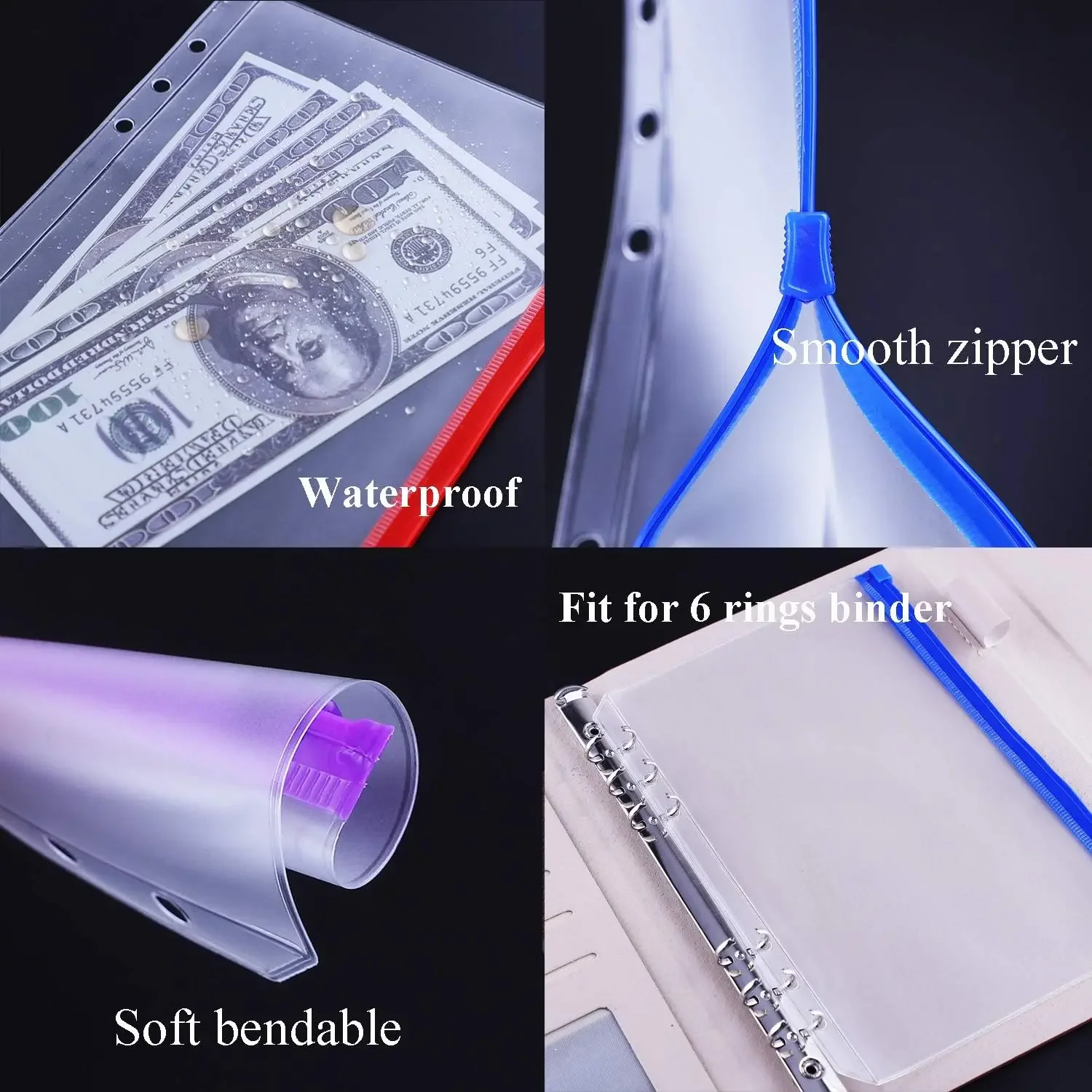 Binder Notebook Planner Zipper Budget Envelopes Loose Leaf Bag Waterproof For Binder Pockets PVC Cash 6-Hole for A6