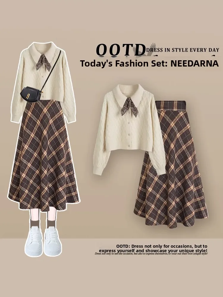 Automne grande taille femmes Yadan Sle tricoté Dr Ensemble avec manteau et pull jupe à carreaux t-shirt pièce Ensemble