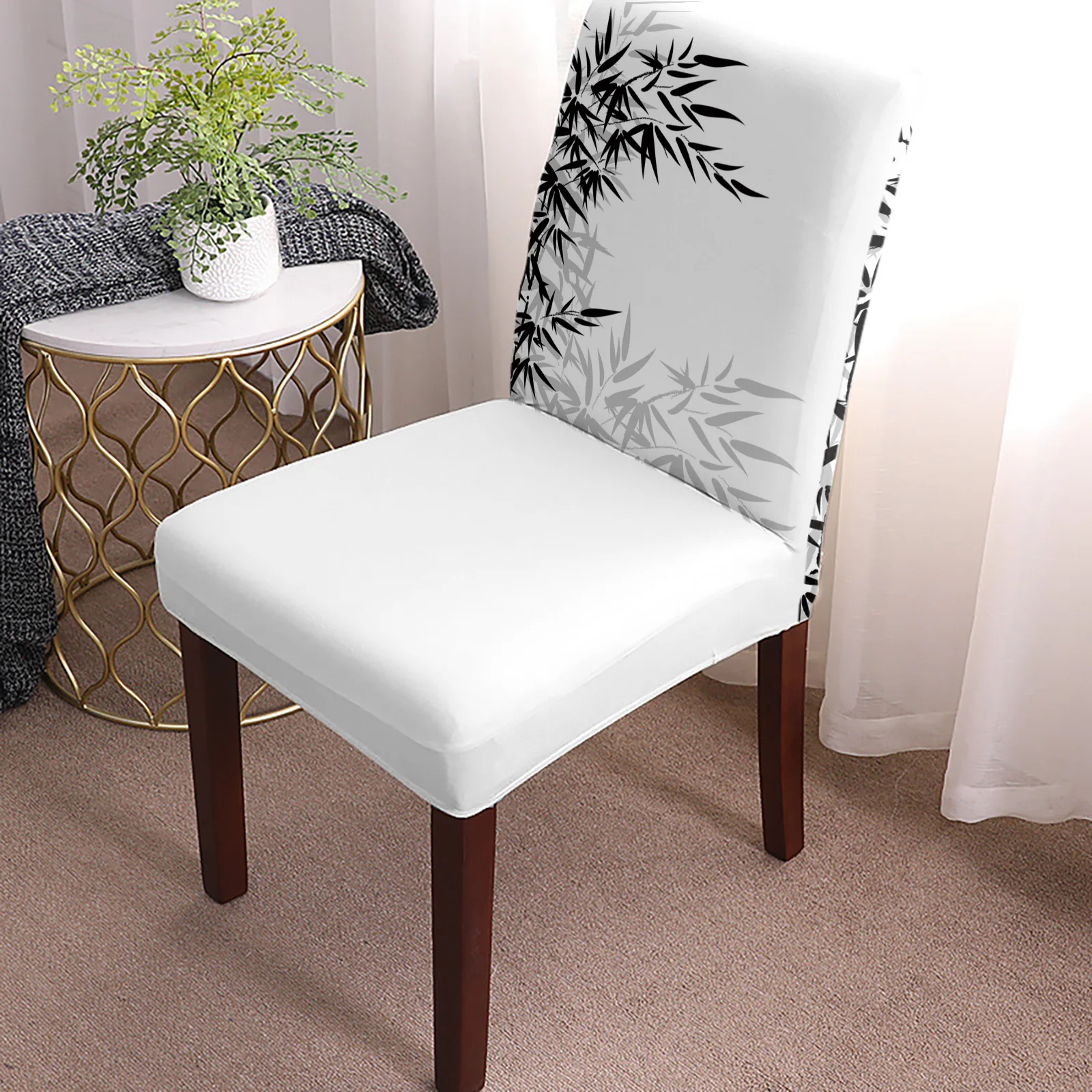 Black And White Bamboo Chair Cover Set Kitchen Dining Stretch Spandex Seat Slipcover for Banquet Wedding Party