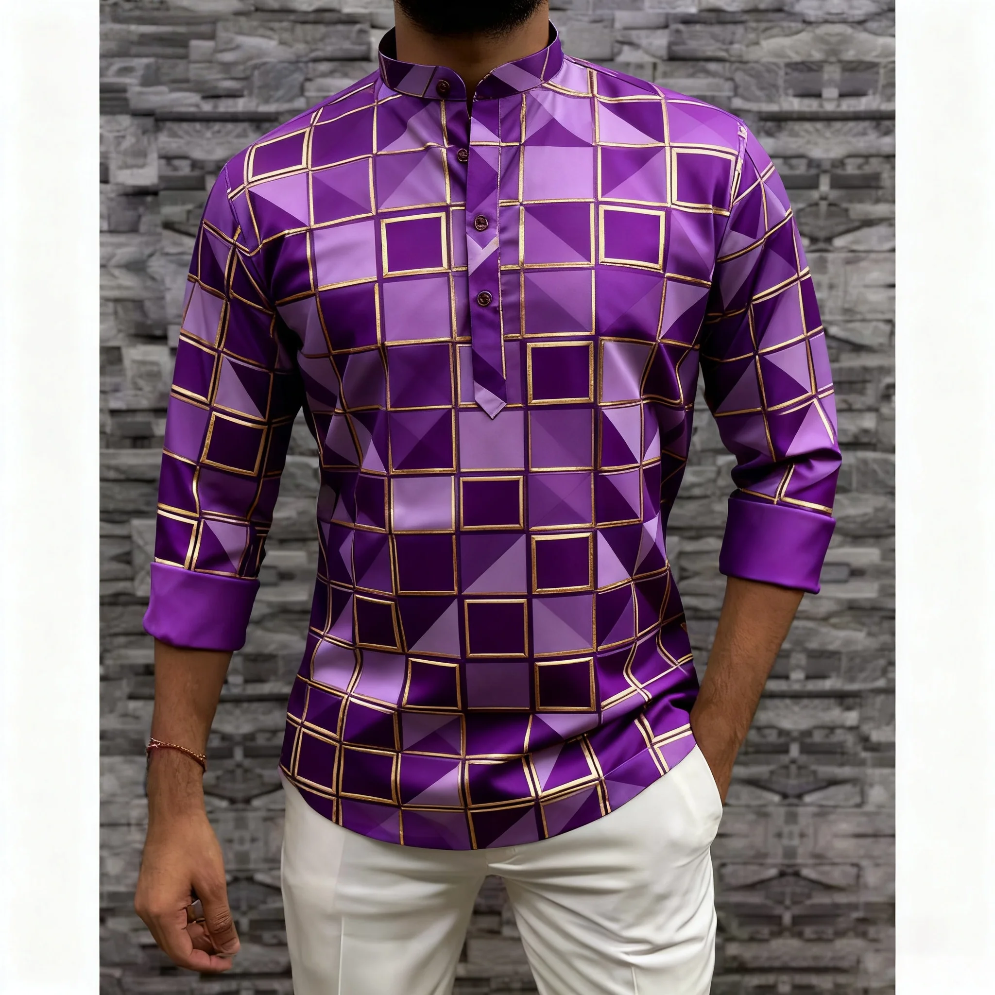 عباية عربية إسلامية فاخرة غير رسمية لعام 2026 على الطراز الوطني مطبوعة عرقية وياقة واقفة قميص شبابي بأكمام طويلة Camisa Arabe Hombre