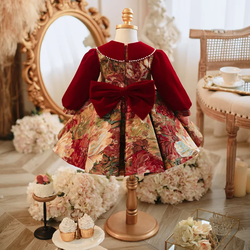 Girls\' Red New Style Long Sleeve Flower Girl Wedding Dress High-End Velvet Print Baby Dress for One Year Old Princess Dress
