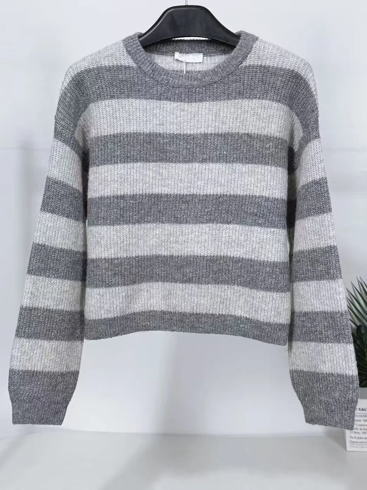 

Women's Knitted Wool Blend Loose Fit round Ne Sweater Autumn Winter Warm Thermal Long Sve Striped Comfortable Casual Top