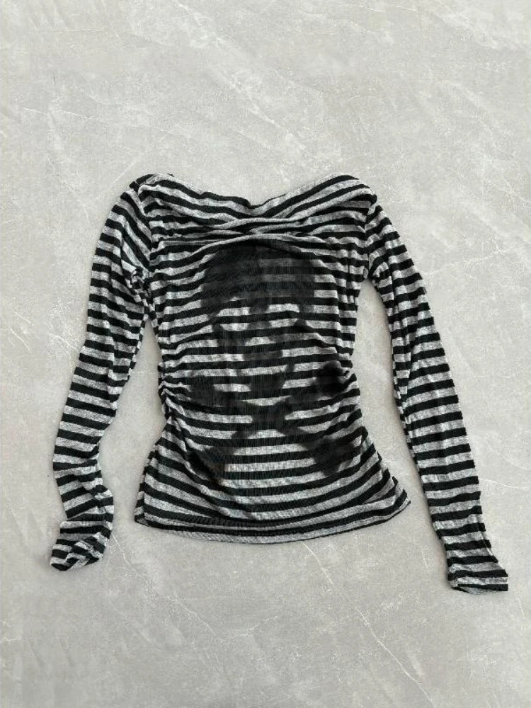 

Autumn Striped Punk Shibuya Skeleton Print Tops Women Y2k Alternative Hot Girl Long Sleeve Subculture Gotihc Fashion Blouse New
