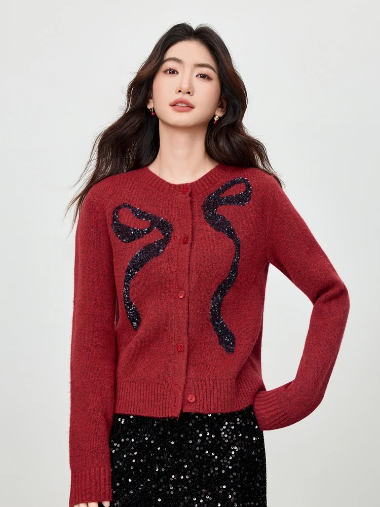 

SENTUBILA Women's Bead Embroidery Cardigan 2025 Autumn Contrast Color Bow Design Loose Fit Sweater elegant Party Top W53EB3868